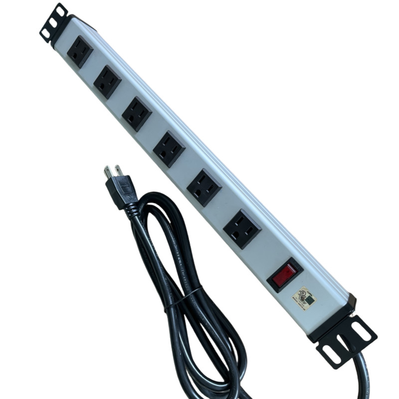 6 Way メタルタブ マルチ アウトレット パワーストリップ 10'拡張コード 14AWG NEMA 5-15P